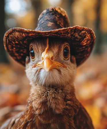 Bird wearing hat, looking directly into camera with curious expression, perched on branch in natural setting.の素材