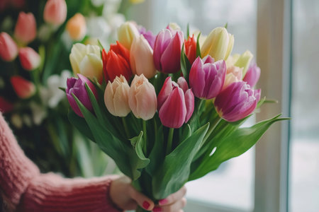 A woman stands gracefully by a window, cradling a vibrant bouquet of flowers, radiating warmth and joy in a sunlit, airy room.の素材