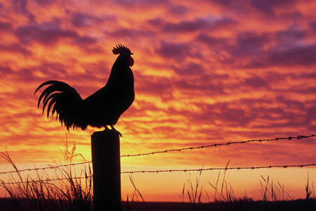 A vibrant sunset casts warm hues behind a rustic fence, with a proud rooster perched on top, embodied rural charm and tranquil beauty.の素材