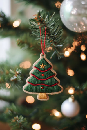 A shimmering Christmas tree ornament dangles gracefully from a lush pine branch, reflecting vibrant colors and festive cheer in a cozy holiday atmosphere.の素材