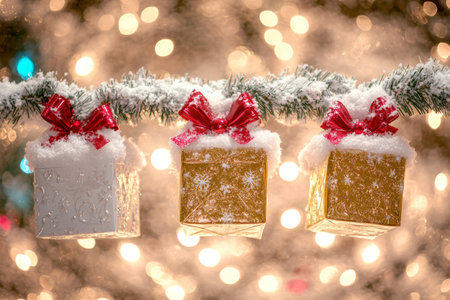 Three vibrant Christmas ornaments dangle from a snow-covered tree, exuding festive cheer against a tranquil winter backdrop.の素材