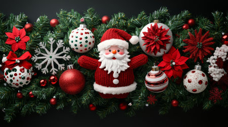 A vibrant Santa Claus adorned with red and white ornaments, set against a dramatic black background, exuding festive cheer and holiday spirit.の素材