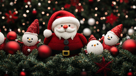 A festive scene brimming with colorful Christmas decorations, showcasing cheerful Santa Claus figures and playful snowmen amidst twinkling lights.の素材