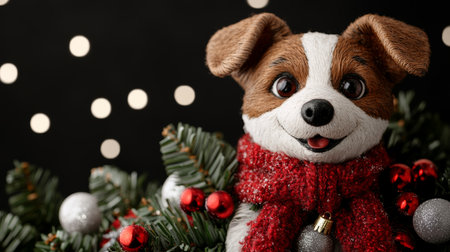 A charming stuffed dog adorned with a cozy scarf, radiating warmth and comfort, perfect for cuddles and companionship in a playful setting.の素材