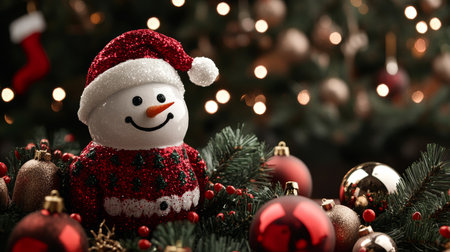 A cheerful snowman adorned with a colorful scarf and hat sits amidst vibrant Christmas decorations, exuding a festive spirit and holiday joy.の素材