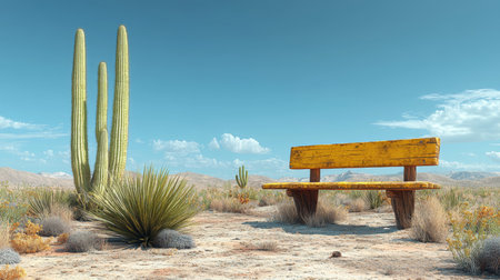 A solitary bench rests amidst the vast desert, framed by a towering cactus, evoking a sense of solitude and tranquility under the endless blue sky.の素材