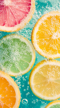 Vibrant slices of lemons and oranges float in clear water, creating a refreshing and colorful display that evokes a sense of summer and zestful energy.の素材