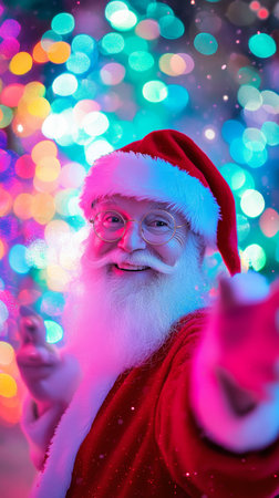 Santa Claus joyfully points at the camera against a vibrant, festive backdrop, exuding holiday cheer and inviting warmth for the seasons spirit.の素材