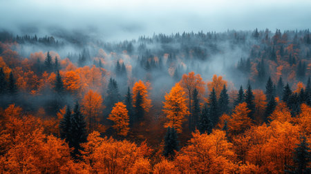 Vibrant orange leaves adorn trees in the foreground, shrouded in a mystical fog that blankets the serene landscape beyond, evoking a sense of tranquility.の素材