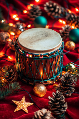 A festive close-up of a decorated drum resting on rich red fabric, radiating holiday cheer with vibrant ornaments and shimmering lights.の素材