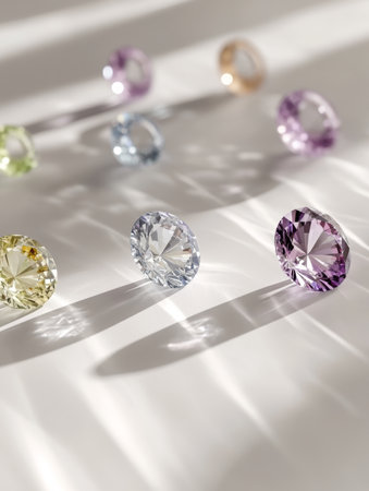A dazzling array of colorful diamonds glistens against a pristine white surface, showcasing their brilliance and unique hues in a captivating close-up.の素材