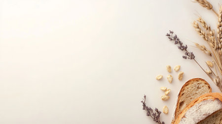 A rustic loaf of freshly baked bread rests besides golden ears of wheat, embodying warmth and the essence of traditional farming and wholesome nourishment.の素材