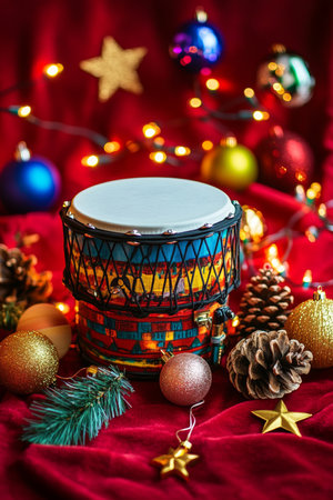 A drum vibrant adorned with intricate decorations rests on rich red fabric, exuding culture and artistry in a captivating display of tradition.の素材