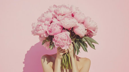 A woman conceals her smile behind a vibrant bouquet of pink flowers, exuding joy and mystery in a moment of floral enchantment.の素材