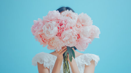 A woman joyfully holds a vibrant bouquet of pink flowers, partially obscuring her face, radiating beauty and bliss in a soft, natural setting.の素材