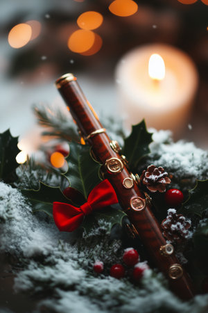 A warm candle flickers beside a rustic wooden stick, nestled on a pristine snowy surface, evoking a cozy winter atmosphere.の素材