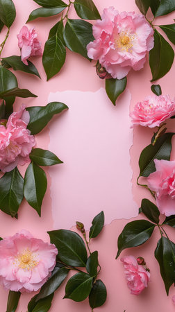 A delicate pink flower blooms vibrantly against a soft pink background, surrounded by lush green leaves, evoking a sense of tranquility and beauty.の素材