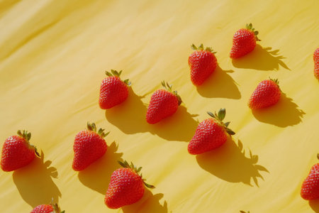 A vibrant close-up of fresh, juicy strawberries glistening against a bright yellow surface, showing their luscious red hues and inviting texture.の素材