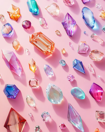 A vibrant collection of multicolored crystals glistens on a soft pink surface, showing their unique shapes and textures in a captivating display of beauty.の素材