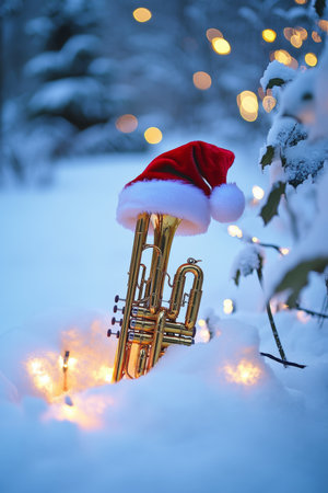A whimsical trumpet adorned with a festive Santa hat, half-buried in glistening snow, evoking a playful holiday spirit in a winter wonderland.の素材