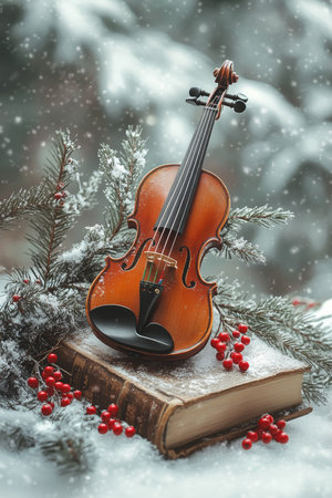A delicate violin rests atop an open book, blanketed in soft white snow, evoking a sense of quiet beauty and winters enchanting stillness.の素材
