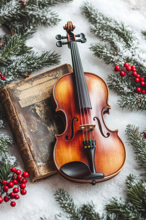 A delicate close-up of a polished violin resting atop a snowy surface, accompanied by an open book, evoking a tranquil winters day of music and contemplation.の素材