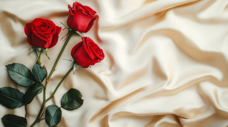 Three vibrant roses in rich red hues rest elegantly on a soft white cloth, creating a striking contrast that exudes beauty and romance.の素材