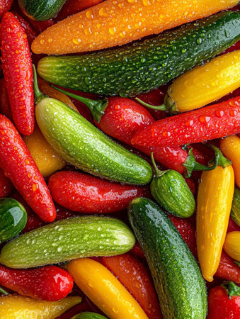 A vibrant display of assorted colorful peppers and zucchini, showcasing their rich hues and textures, perfect for a fresh culinary creation.の素材