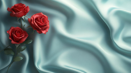Three exquisite roses elegantly rest on luxurious blue satin, their vibrant colors creating a stunning contrast against the soft, smooth fabric.の素材