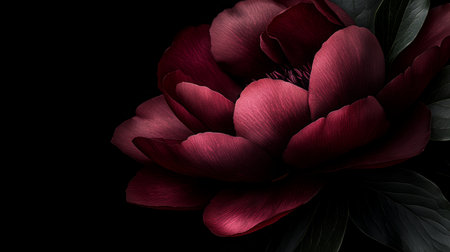 A vibrant red flower with lush green leaves boldly contrasts against a deep black background, creating a striking visual impact full of life and beauty.の素材