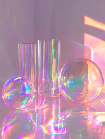 Three elegant clear glass vases rest gracefully on a polished table, reflecting light and enhancing the rooms airy ambiance.の素材