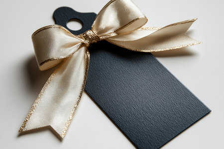 An elegant black tag adorned with a shimmering gold ribbon, exuding sophistication and charm, perfect for gifts or special occasions.の素材