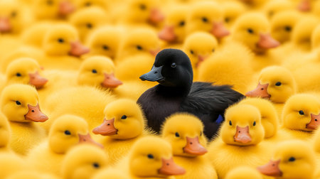 A lively gathering of ducks waddling together, showcasing their vibrant feathers and playful nature in a tranquil pond setting.の素材