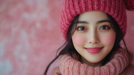 Arafed woman radiates warmth in a stylish pink hat and matching scarf, embodying comfort and elegance against a soft, inviting backdrop.の素材