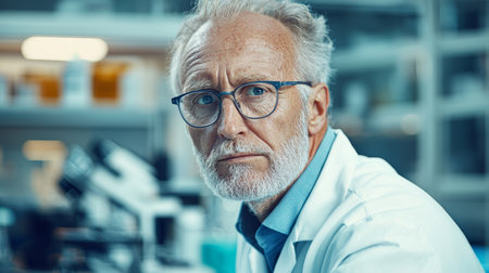 A focused man in a lab coat and glasses gazes confidently at the camera, embodying scientific expertise and professionalism in a laboratory setting.の素材