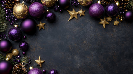 Lush purple and shimmering gold Christmas decorations sparkle against a deep black background, evoking a sense of festive elegance and holiday cheer.の素材