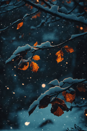 A tranquil snowy night scene where delicate leaves rest on frost-kissed branches, illuminated by the soft glow of moonlight.の素材