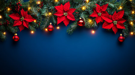 A vibrant Christmas garland adorned with bright poinsettias and twinkling lights, creating a festive atmosphere against a soothing blue backdrop.の素材