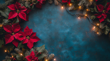 A vibrant Christmas wreath adorned with lush red poinsettias and twinkling lights, set against a soothing blue background, exuding festive cheer.の素材