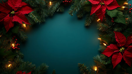 A vibrant wreath of red poinsettias adorned with twinkling lights, set against a calming blue backdrop, radiating festive cheer and warmth.の素材