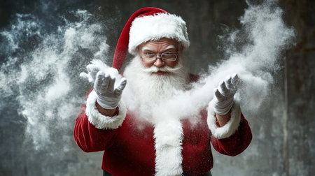 Santa Claus joyfully molds a snowball, his cheerful demeanor radiating warmth amidst a winter wonderland of sparkling snowflakes and frosty air.の素材
