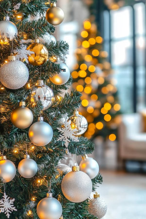 A festive close-up of a beautifully adorned Christmas tree, sparkling with colorful ornaments and twinkling lights, radiating warmth and holiday cheer.の素材