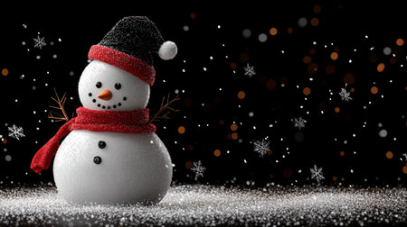 A cheerful snowman adorned with a bright red scarf and hat, set against a dramatic black background, surrounded by whimsical falling snowflakes.の素材