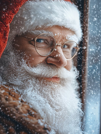 A thoughtful man with a beard and glasses gazes introspectively out of a window, capturing a moment of reflection and quiet contemplation.の素材