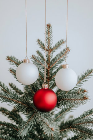 Three vibrant Christmas ornaments dangle gracefully from a lush evergreen tree, capturing the festive spirit with their shimmering colors and intricate designs.の素材