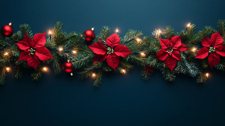 A festive Christmas garland adorned with vibrant poinsettias and twinkling lights, set against a rich dark blue backdrop, exuding holiday cheer and warmth.の素材