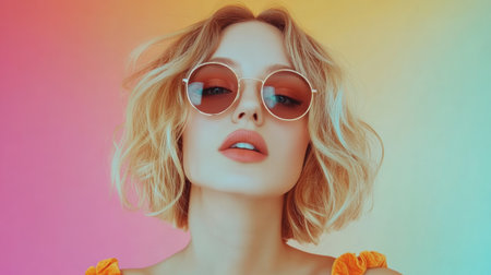 A stylish blonde woman in vibrant sunglasses and a bright dress radiates joy against a lively, colorful backdrop, embodying summers playful spirit.の素材