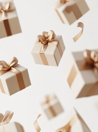 A close-up view of elegantly wrapped gift boxes adorned with shimmering gold bows, radiating festivity and anticipation.の素材