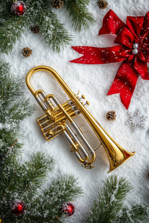 A gleaming trumpet rests on a pristine blanket of snow, its golden hue contrasting beautifully with the soft white surface, evoking a sense of winter elegance.の素材