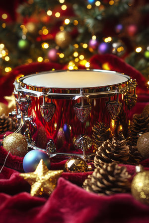 A festive close-up of a beautifully adorned drum nestled on vibrant red cloth, showing sparkling Christmas decorations that evoke holiday cheer.の素材